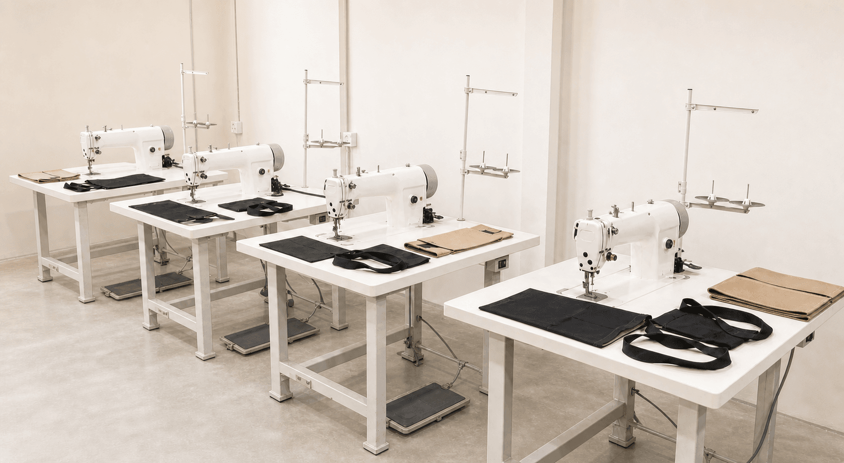 Four white stitching machines in a bright custom bag workshop