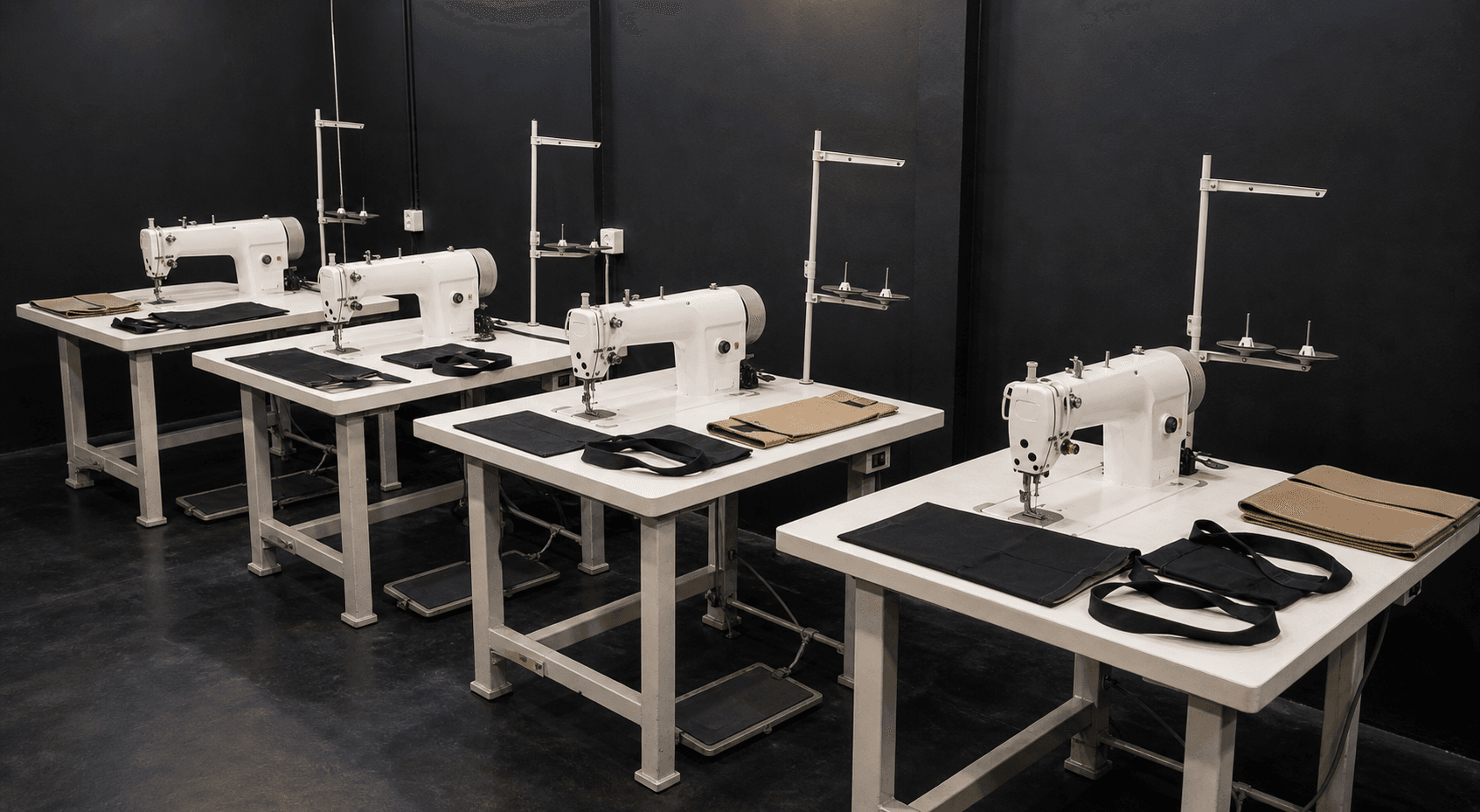 Four white stitching machines for custom bag production