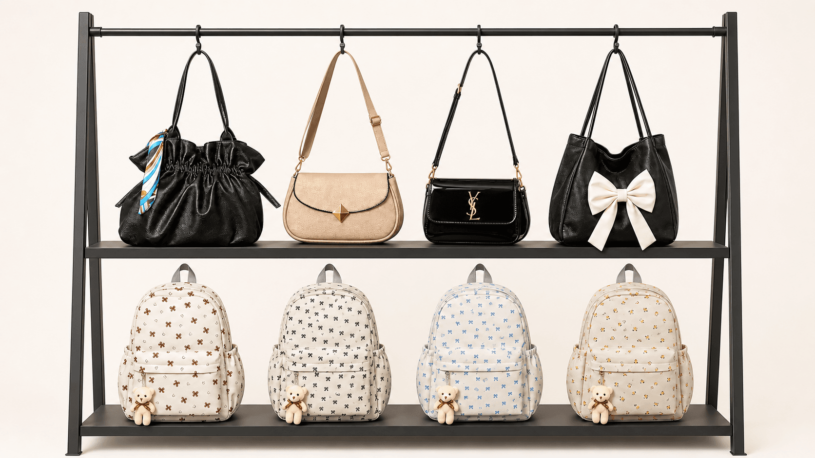 Handbags and backpacks arranged on a bright retail display