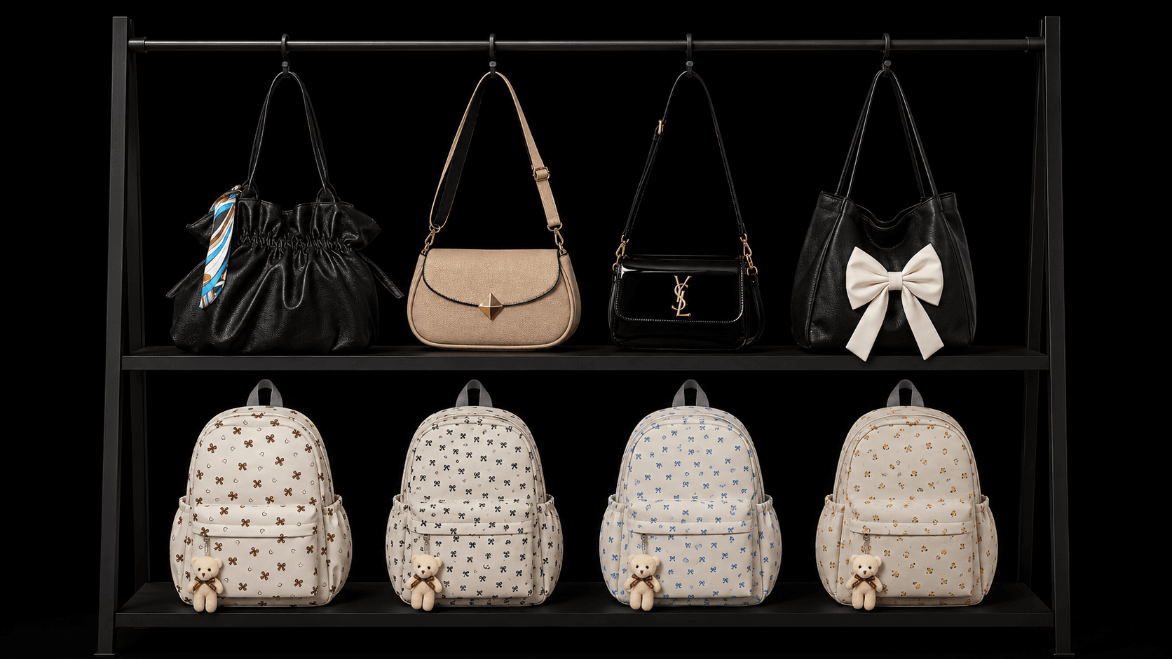 Handbags and backpacks arranged on a black retail display